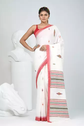 Elegant off white cotton saree with red border & woven motifs