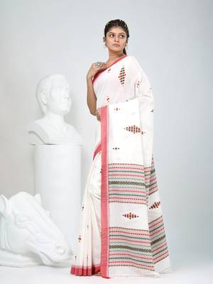 Elegant off white cotton saree with red border & woven motifs 2
