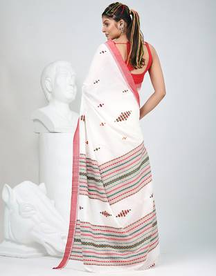 Elegant off white cotton saree with red border & woven motifs 3