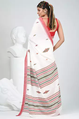 Elegant off white cotton saree with red border & woven motifs