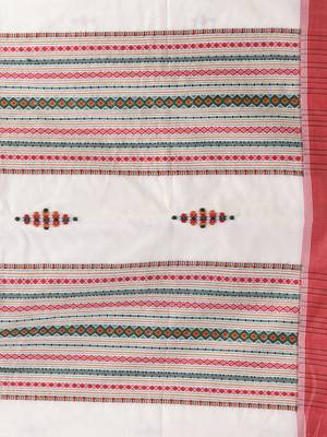 Elegant off white cotton saree with red border & woven motifs 4