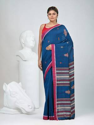 Elegant sapphire blue cotton saree with red border & woven motifs 1