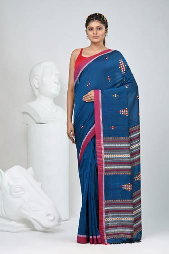 Elegant sapphire blue cotton saree with red border & woven motifs