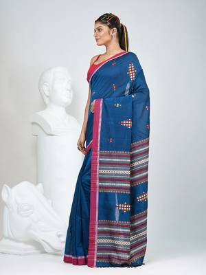 Elegant sapphire blue cotton saree with red border & woven motifs 2