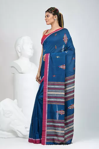 Elegant sapphire blue cotton saree with red border & woven motifs