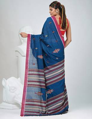 Elegant sapphire blue cotton saree with red border & woven motifs 3