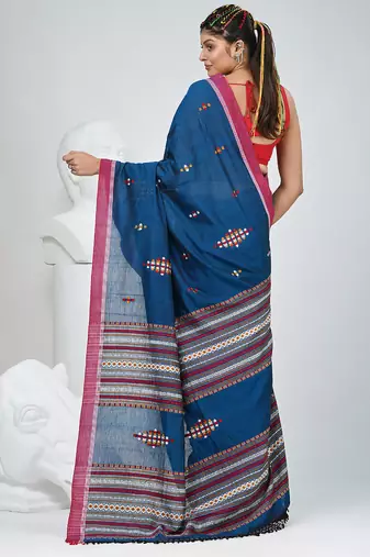 Elegant sapphire blue cotton saree with red border & woven motifs