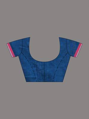 Elegant sapphire blue cotton saree with red border & woven motifs 4