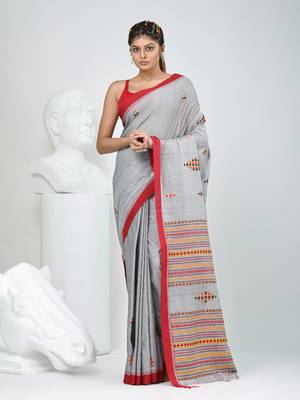 Elegant grey cotton saree with red border & woven motifs 1