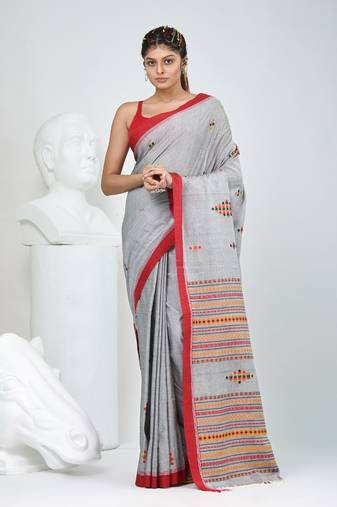 Elegant grey cotton saree with red border & woven motifs