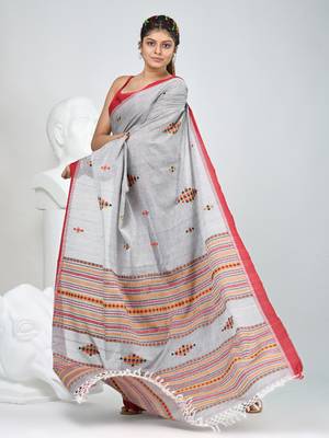 Elegant grey cotton saree with red border & woven motifs 2
