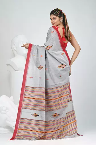 Elegant grey cotton saree with red border & woven motifs