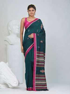 Elegant teal cotton saree with red border & woven motifs 1