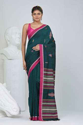 Elegant teal cotton saree with red border & woven motifs