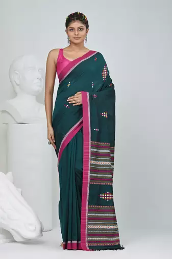 Elegant teal cotton saree with red border & woven motifs