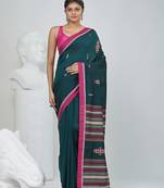 Elegant teal cotton saree with red border & woven motifs