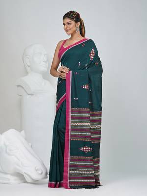 Elegant teal cotton saree with red border & woven motifs 2