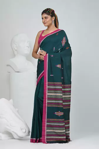 Elegant teal cotton saree with red border & woven motifs
