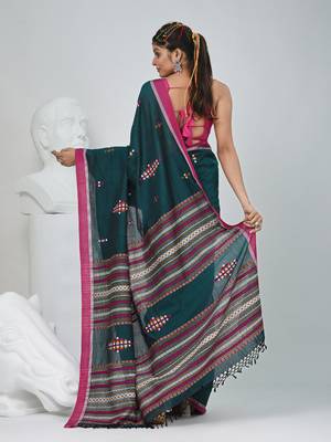 Elegant teal cotton saree with red border & woven motifs 3