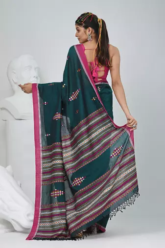 Elegant teal cotton saree with red border & woven motifs