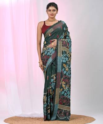 Emerald green silk blend kantha stitch saree with multicolor thread work 5