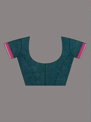 Elegant teal cotton saree with red border & woven motifs 4