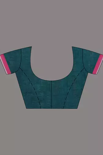 Elegant teal cotton saree with red border & woven motifs