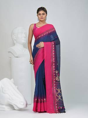 Navy blue and pink cotton saree with traditional woven border 1
