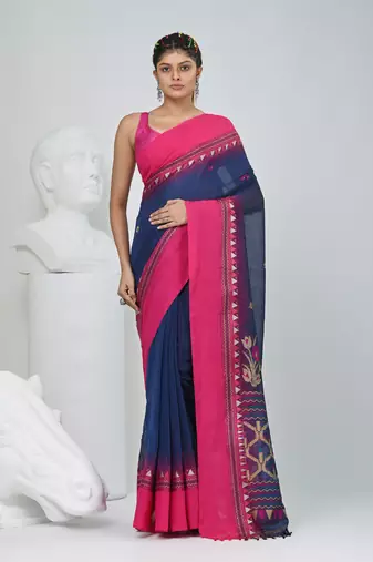 Navy blue and pink cotton saree with traditional woven border