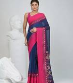 Navy blue and pink cotton saree with traditional woven border