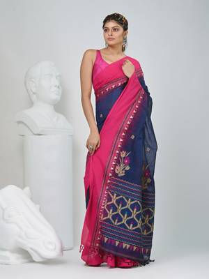 Navy blue and pink cotton saree with traditional woven border 2