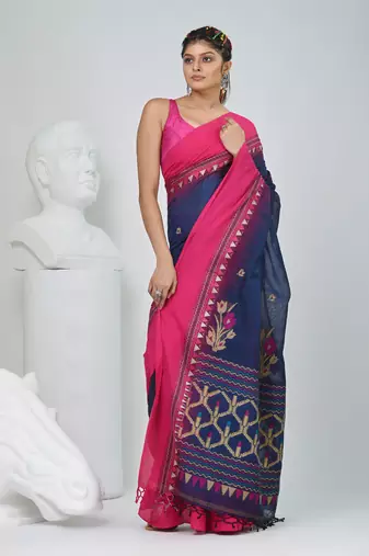 Navy blue and pink cotton saree with traditional woven border