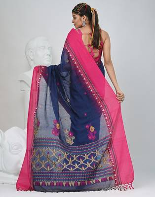 Navy blue and pink cotton saree with traditional woven border 3