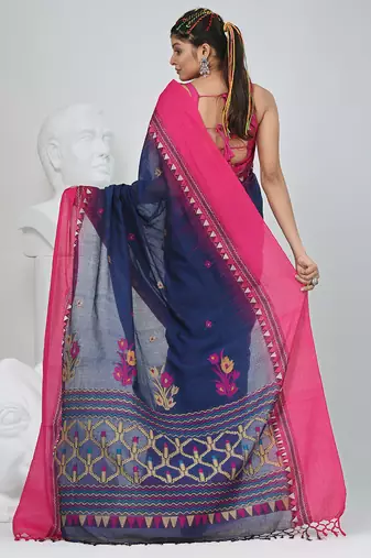 Navy blue and pink cotton saree with traditional woven border