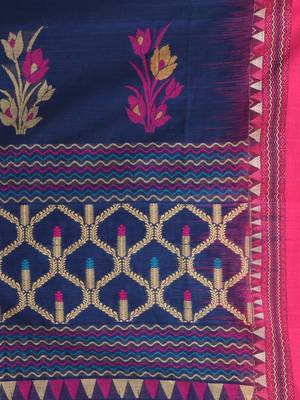 Navy blue and pink cotton saree with traditional woven border 4