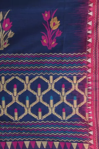 Navy blue and pink cotton saree with traditional woven border