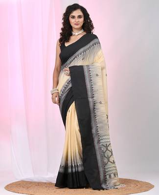 Beige and black cotton saree with traditional woven border 1