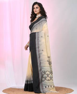 Beige and black cotton saree with traditional woven border 2