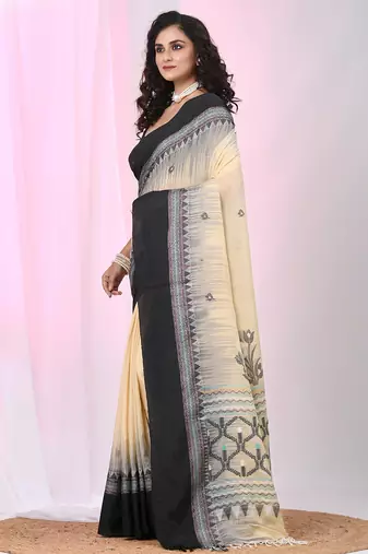 Beige and black cotton saree with traditional woven border