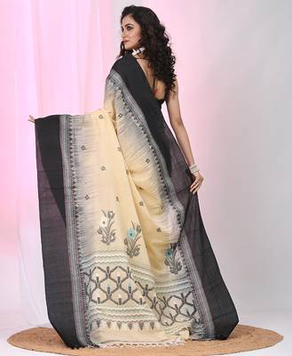 Beige and black cotton saree with traditional woven border 3
