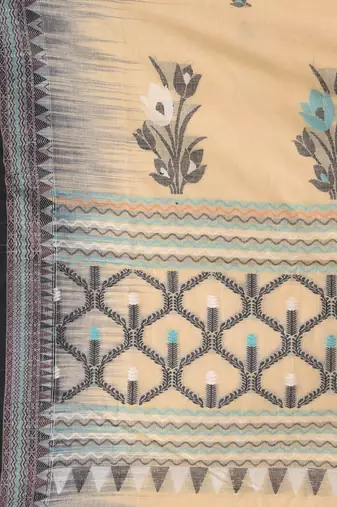 Beige and black cotton saree with traditional woven border