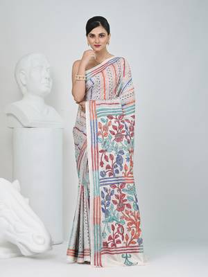 White silk blend kantha stitch saree with multicolor thread work 5