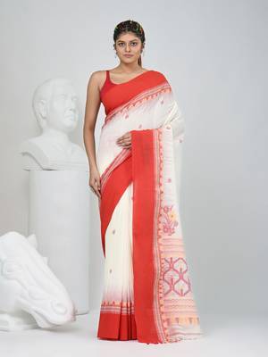 Off white and red cotton saree with traditional woven border 1