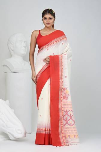 Off white and red cotton saree with traditional woven border