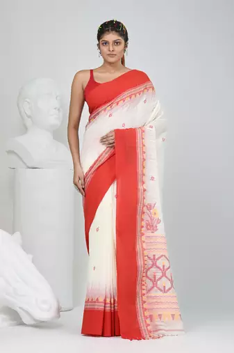 Off white and red cotton saree with traditional woven border