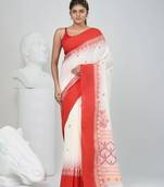 Off white and red cotton saree with traditional woven border