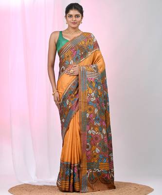 Elegant orange and brown silk blend kantha stitch saree with floral motif 5