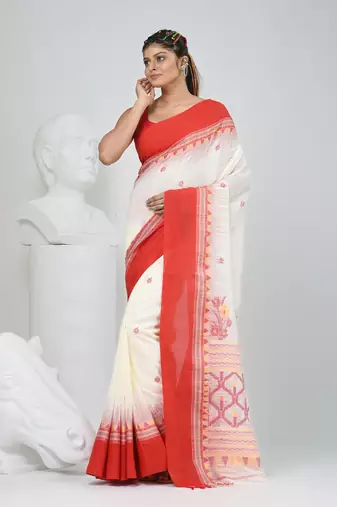 Off white and red cotton saree with traditional woven border