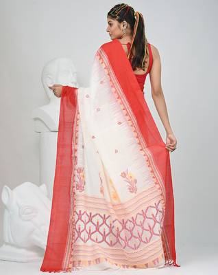 Off white and red cotton saree with traditional woven border 3