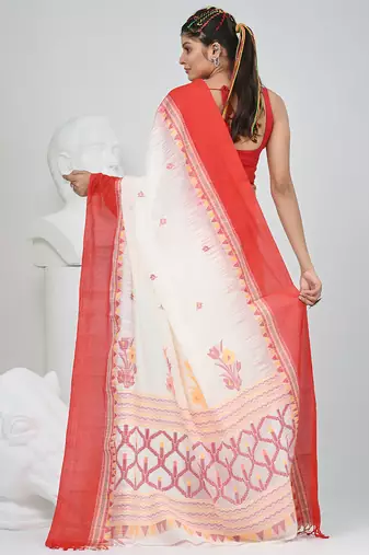 Off white and red cotton saree with traditional woven border